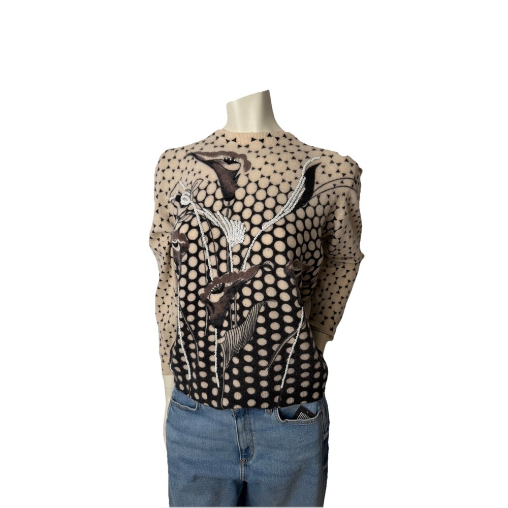 Vintage 80s Angora Wool Sweater Beaded Floral Graphic Avant Garde Lauren K Large